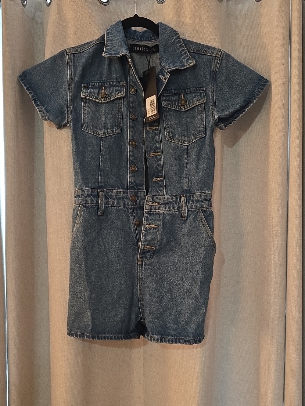 Lioness Denim Short Sleeve Jean Romper in Medium Blue